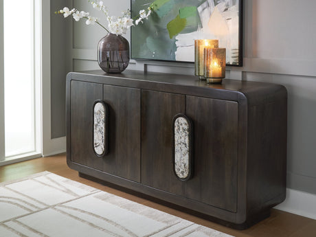 Elliston Espresso Brown Accent Cabinet front view showing doors and marble pulls
