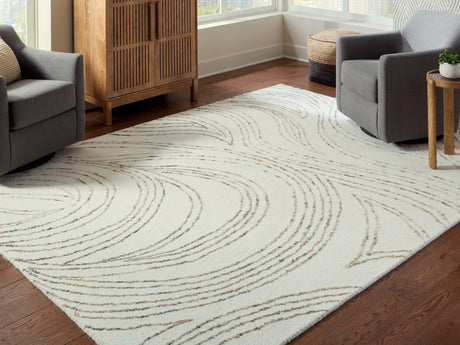 Deenbury 7'8" x 10' area rug in ivory, green, and brown angled view
