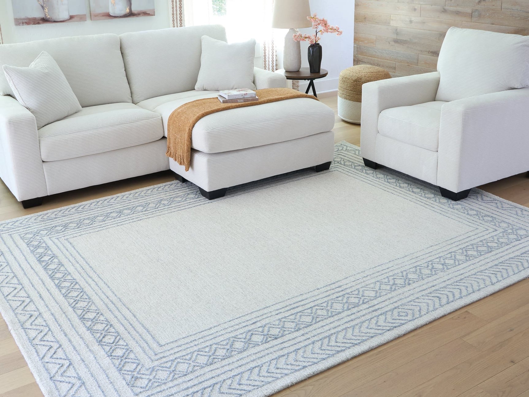 Azelhurst Blue Ivory Gray 7'8 x 10 hand tufted wool area rug full view