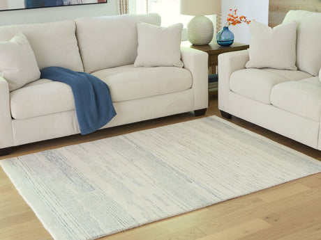 Genemost Ivory and Blue 5'x7' area rug, top view showing striped pattern