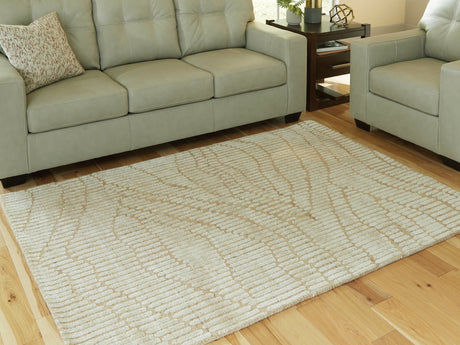 Jaseena Beige and Tan 5 by 7 area rug, front view showcasing abstract design
