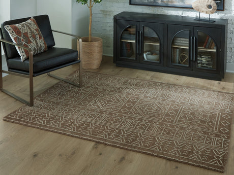 Merrittman Brown and Ivory 5x7 wool area rug angled view