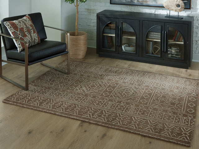Merrittman Brown and Ivory 5x7 wool area rug angled view