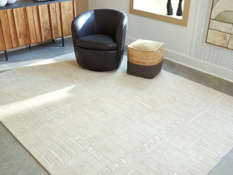 Wolbert wool area rug in tan and ivory, 7'8" x 10', view from above