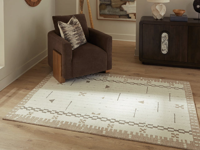 Dot 5x7 Cream Brown Taupe Wool Area Rug top view