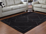 Marav black and white geometric wool area rug, 5x7 feet, top view