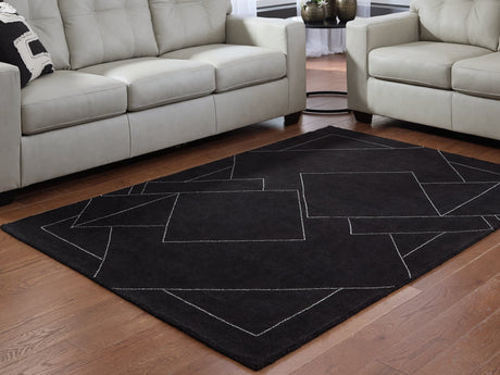 Marav black and white geometric wool area rug, 5x7 feet, top view