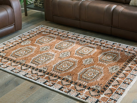 Qaabiz traditional medallion area rug in sienna, ivory, and black, full view
