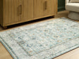 Ladstoney teal beige ochre 5x7 memory foam area rug flat laid out