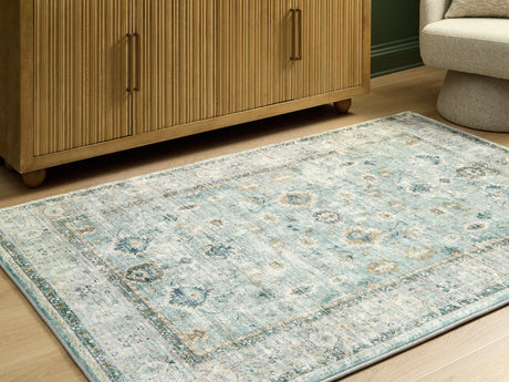 Ladstoney teal beige ochre 5x7 memory foam area rug flat laid out