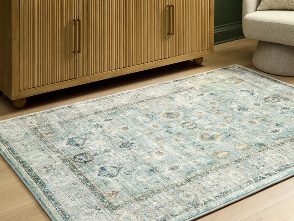 Ladstoney teal beige ochre 5x7 memory foam area rug flat laid out
