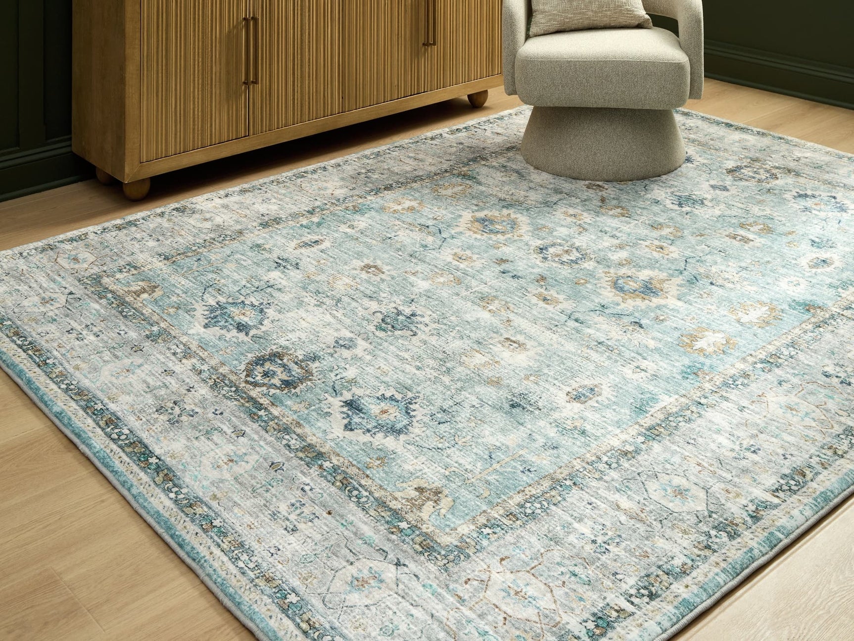 Ladstoney teal, beige, and ochre botanical memory foam area rug 7 by 9 feet