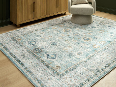 Ladstoney teal, beige, and ochre botanical memory foam area rug 7 by 9 feet