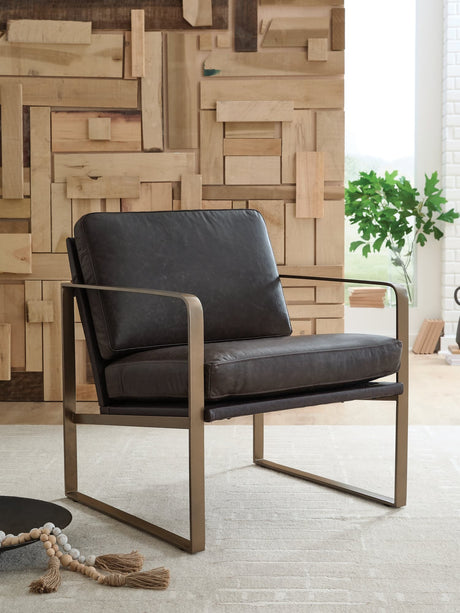 Bradett Accent Chair front view showing dark brown leather and gold metal frame