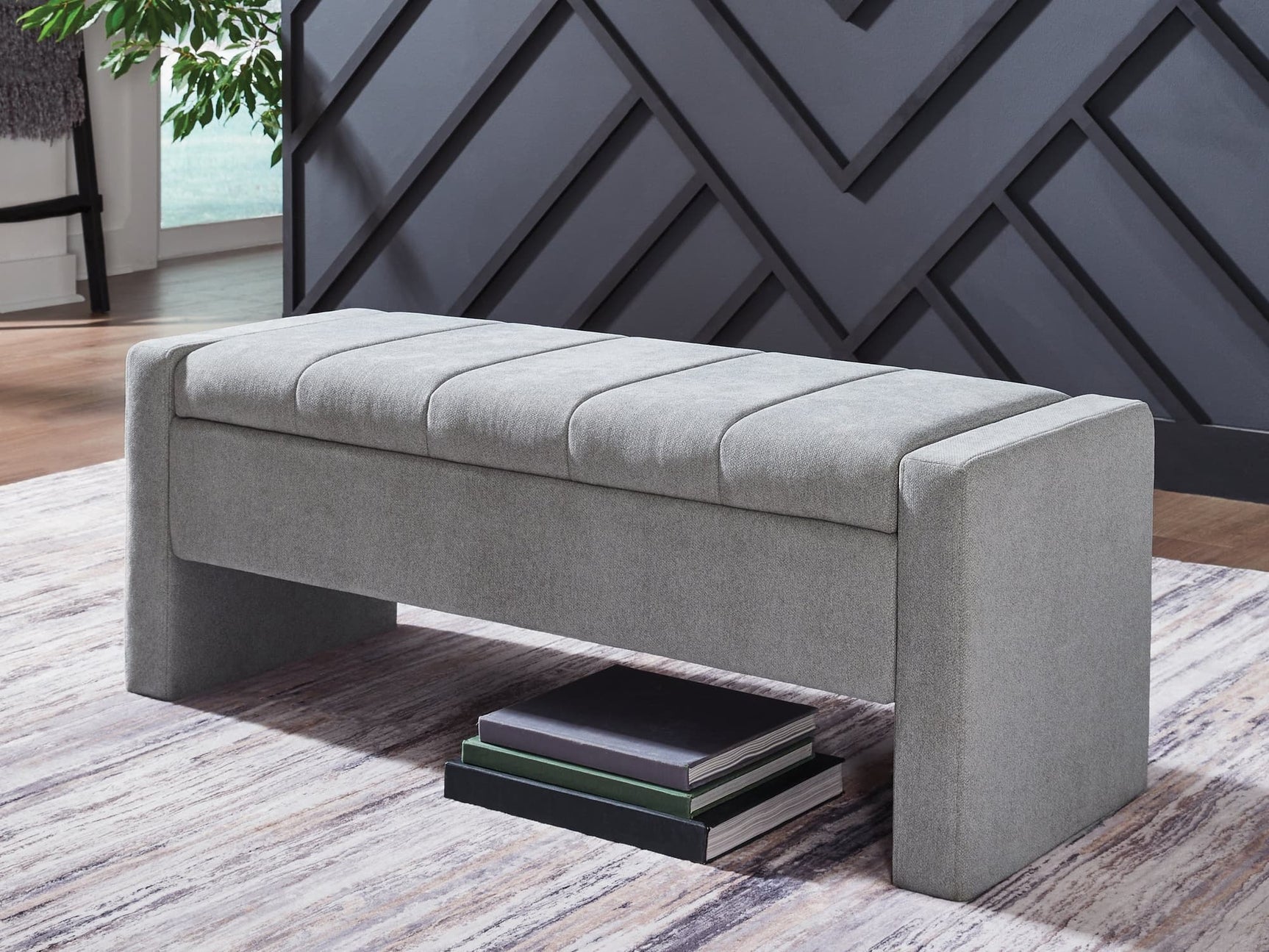 Akselman Gray Upholstered Storage Bench front angled view