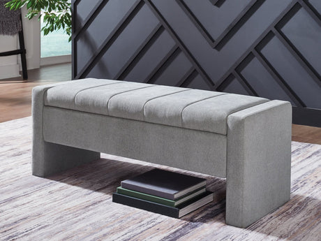 Akselman Gray Upholstered Storage Bench front angled view