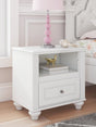 Kozlani White Nightstand front view with drawer closed