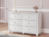 Kozlani White Dresser front view with six drawers and crystal knobs