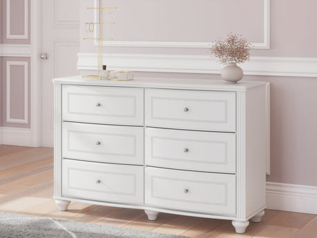 Kozlani White Dresser front view with six drawers and crystal knobs