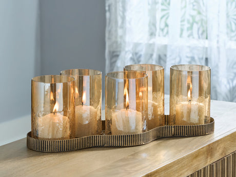 Evereton Antique Gold Finish Candle Holder front view with five amber votives