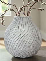 Shelvie Distressed White Vase front view showing textured linear pattern