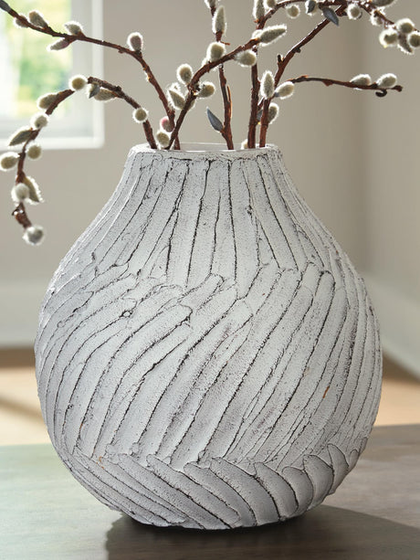 Shelvie Distressed White Vase front view showing textured linear pattern