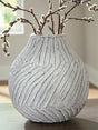 Shelvie Distressed White Vase front view showing textured linear pattern