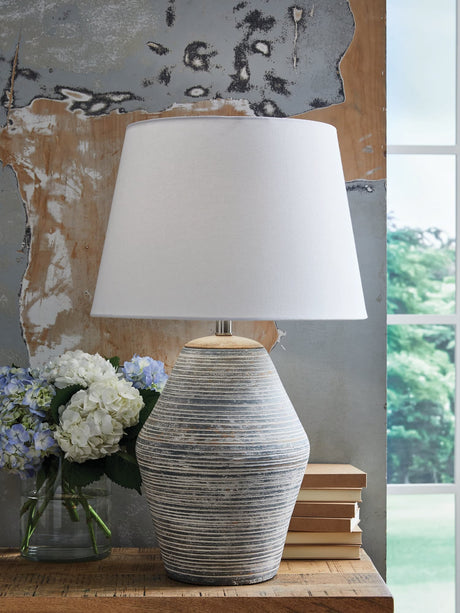 Lawrock Antique Blue Terra Cotta and Wood Table Lamp front view