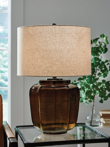 Bainmore Amber Table Lamp with amber glass base and black metal finish