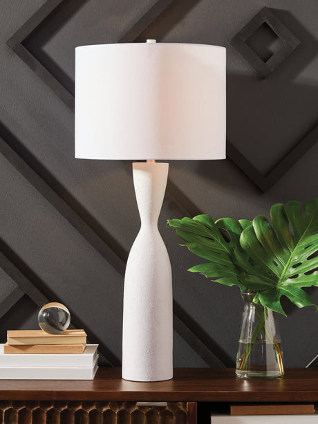 Davinford White Table Lamp front view showing elongated textured base and drum shade