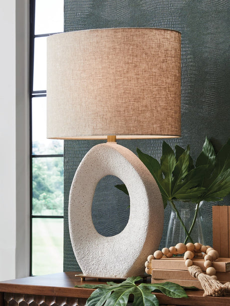 Trentlen cream and gold finish table lamp front view with geometric shade