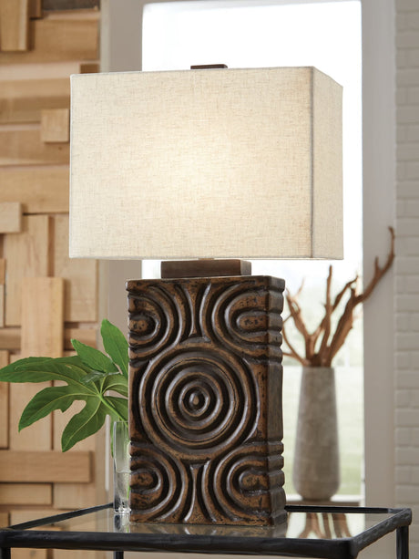 Heathbury Antique Brown Table Lamp front view showing geometric patterned base