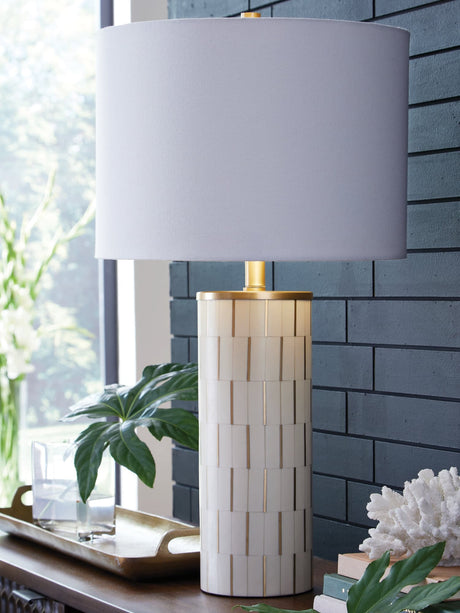Faridworth white and gold finish table lamp showing mosaic base and fabric shade