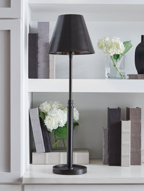 Wimner oil-rubbed bronze metal table lamp with empire shade, front view