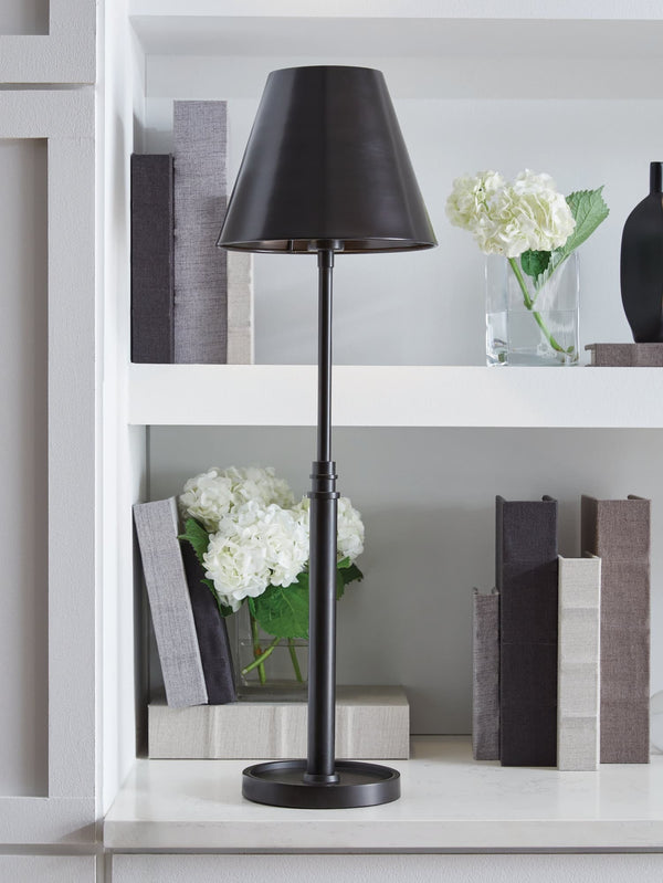 Wimner oil-rubbed bronze metal table lamp with empire shade, front view