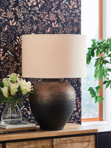 Newgerhard brown and black metal table lamp with drum shade, front view