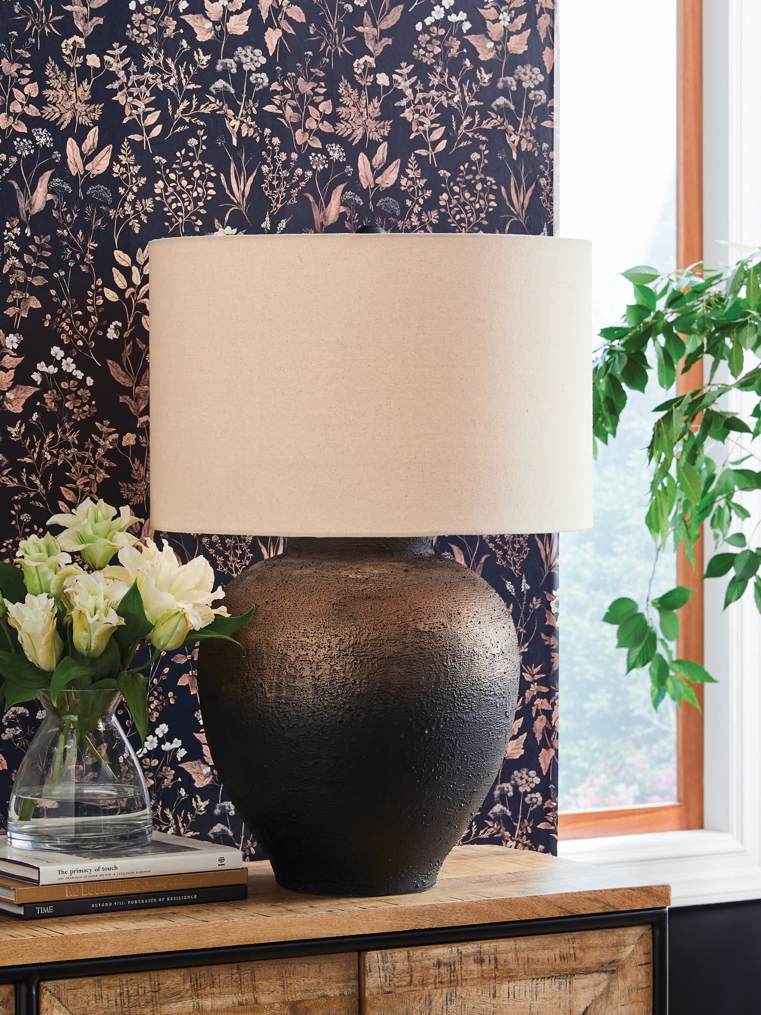 Newgerhard brown and black metal table lamp with drum shade, front view