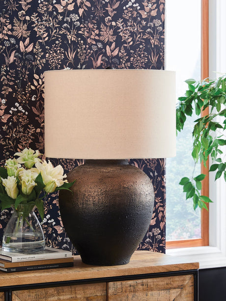 Newgerhard brown and black metal table lamp with drum shade, front view