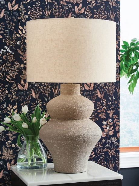 Jossleigh Beige Table Lamp frontal view with shade