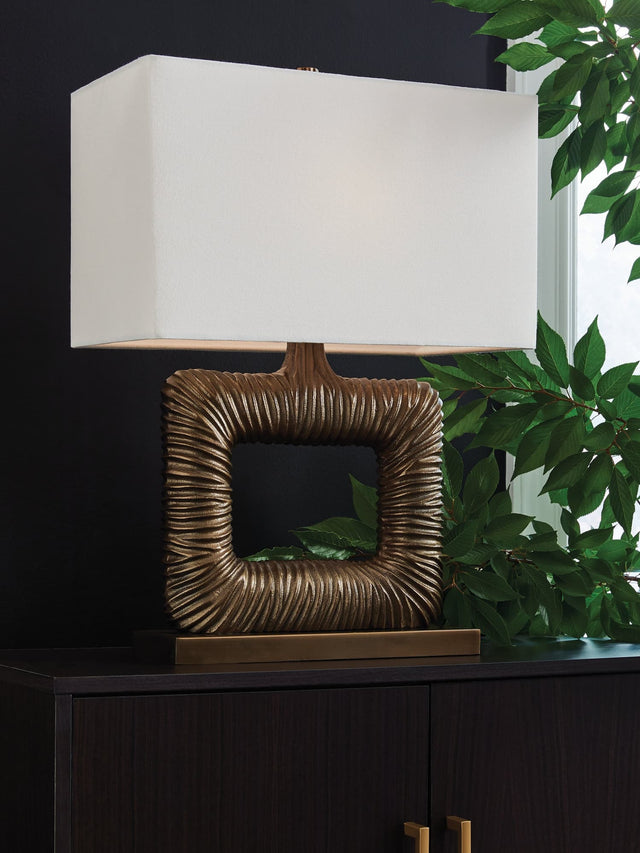 Garronby antique brass finish table lamp with rectangular fabric shade