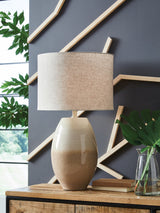 Linas cream and beige table lamp front view showing drum fabric shade
