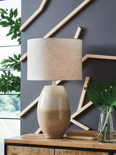 Linas cream and beige table lamp front view showing drum fabric shade