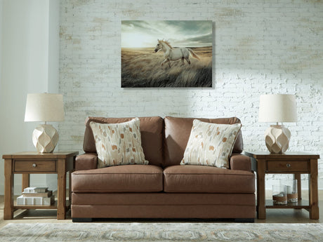 VillaCourt caramel faux leather loveseat angled view