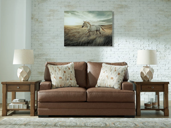 VillaCourt caramel faux leather loveseat angled view