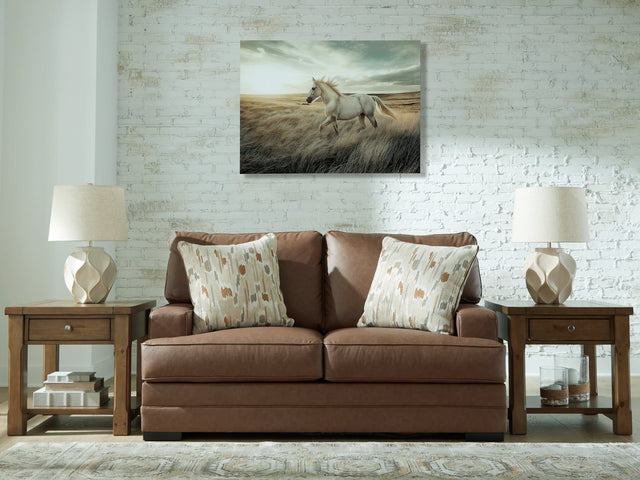 VillaCourt caramel faux leather loveseat angled view