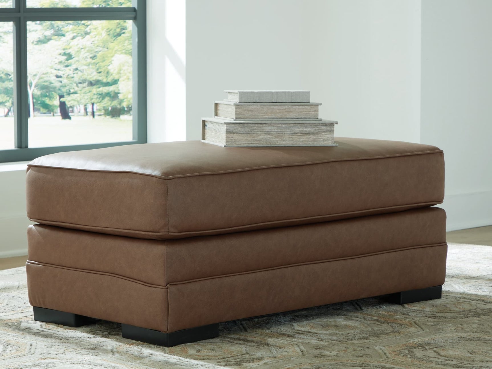 VillaCourt Caramel Faux Leather Ottoman front angle