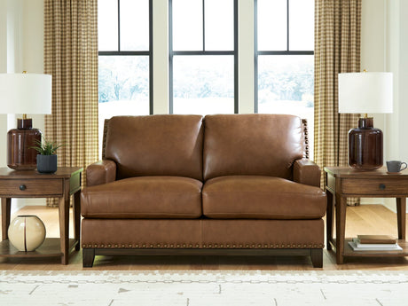 Saonara Amber Leather Loveseat angled front view