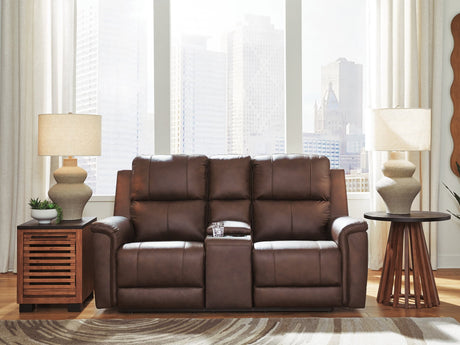 Bleckley Espresso Leather Power Reclining Loveseat with Console front view