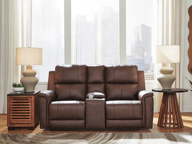 Bleckley Espresso Leather Power Reclining Loveseat with Console front view