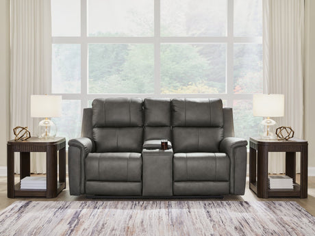 Bleckley Anchor Leather Power Reclining Loveseat with Console angled front view
